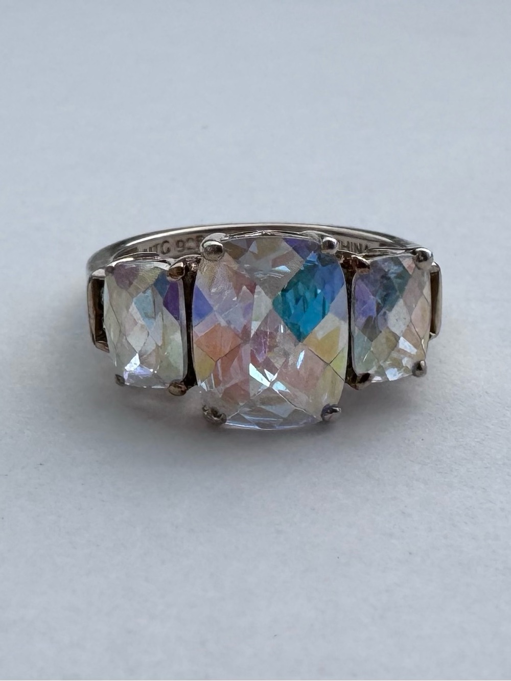 Sterling Silver Aurora Borealis Iridescent Three-Stone Ring